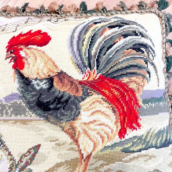 LARGE 22x18 Vintage French Country Rooster Frog Needlepoint Pillow Tassel Fringe - Picture 2 of 10